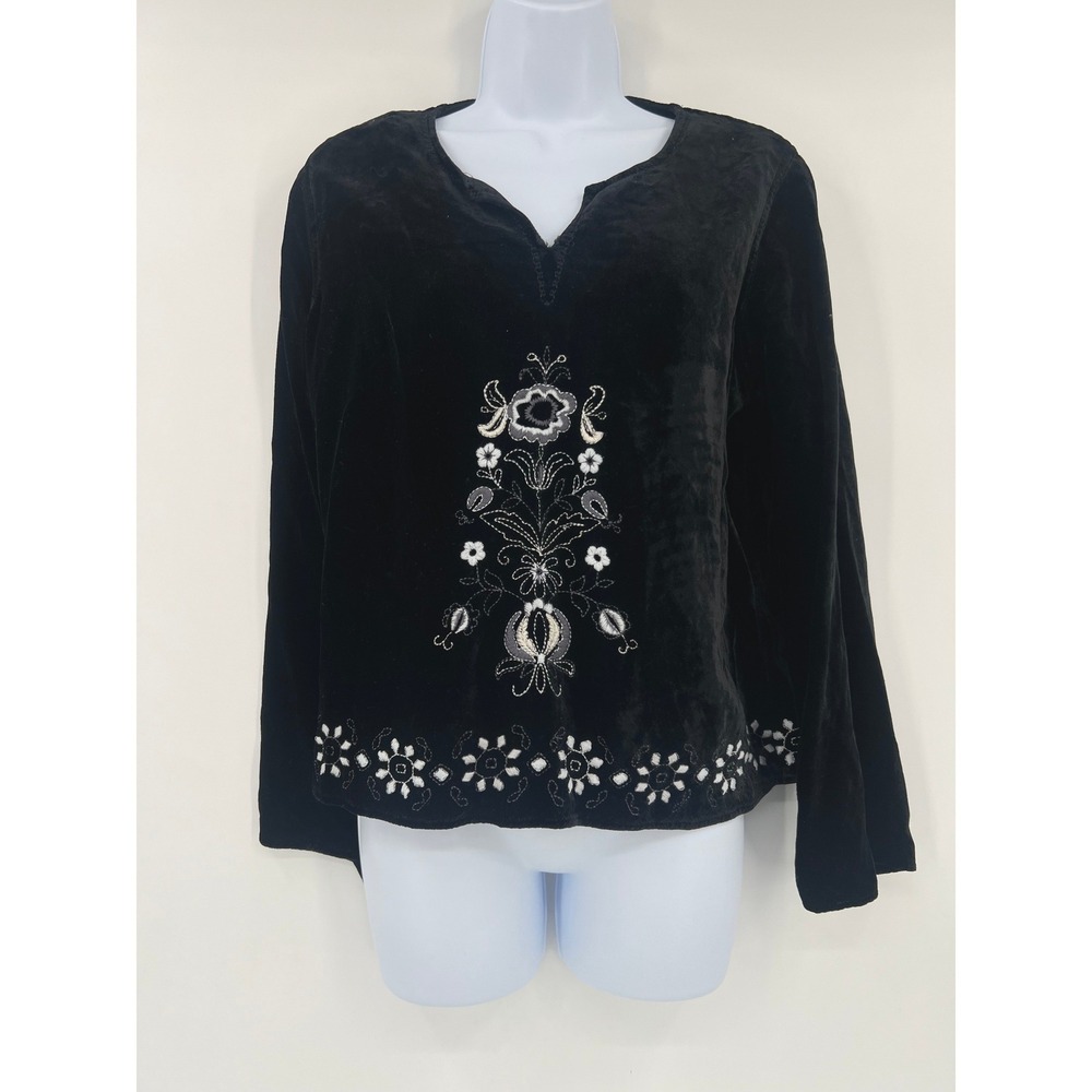 J. Jill Black Velvet Embroidered Top Small S Folk Art Floral Boho Whimsy Holiday